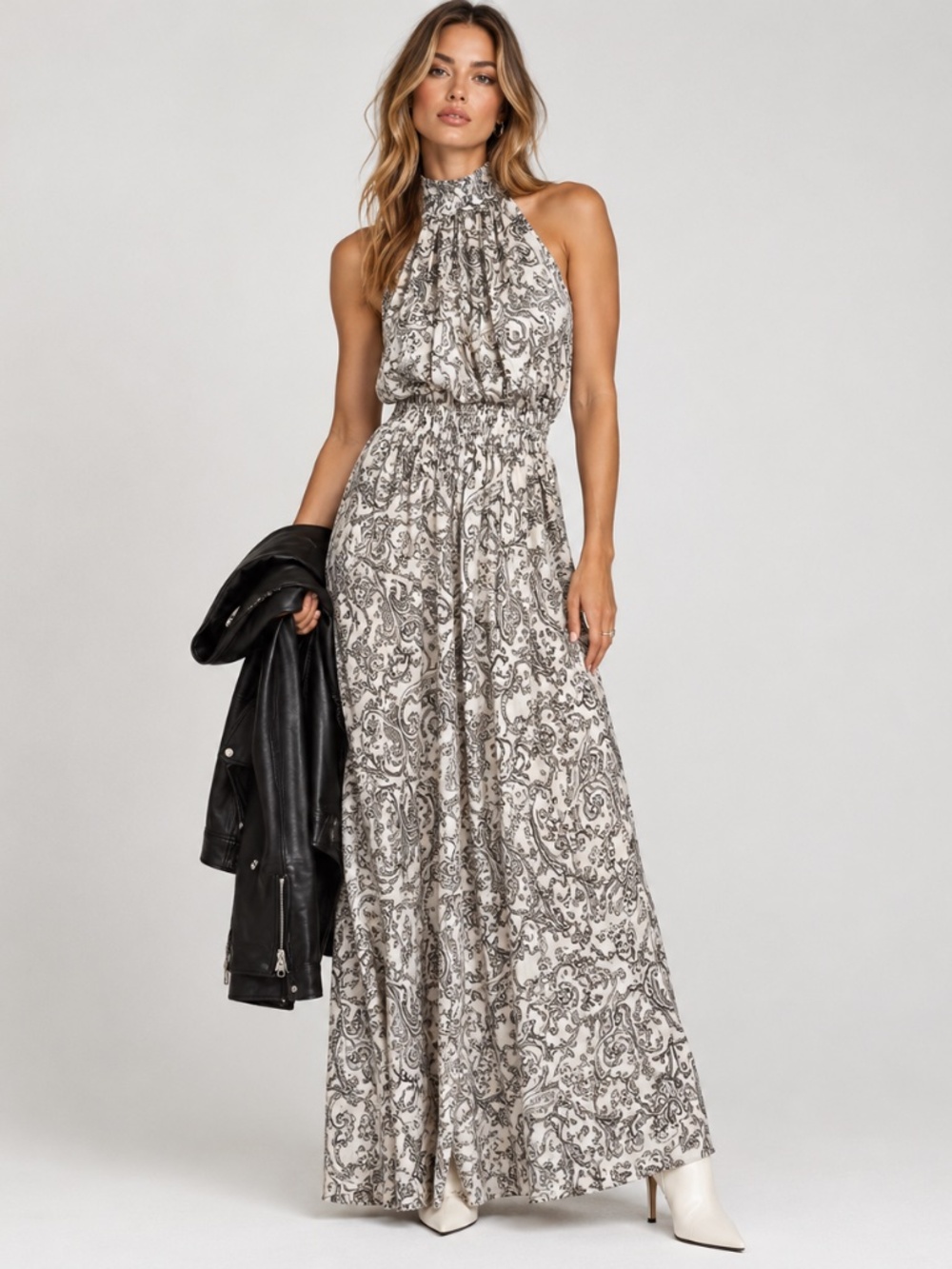 NWT Vince Camuto Paisley Halter Maxi Dress XS Black White